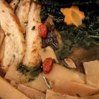 Zen Ramen ( Vegan ) · Whole wheat noodle soup with kombu, shiitake, and white soy sauce dashi broth. Inspired by t...
