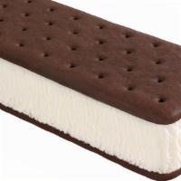 Big Vanilla Ice Cream Sandwich · Creamy vanilla frozen dairy dessert layered between two chocolate-flavored wafers.