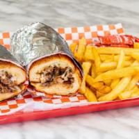 Philly Steak Sandwich · Steak strips, sauteed onions, mushrooms and mozzarella cheese. Served with French fries.