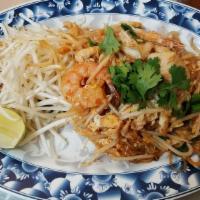 Pad Thai · The most famous Thai noodle dish! Flavorful pan fried rice stick noodles with prawns, chicke...