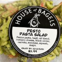 Pesto Pasta Salad · 16 oz. penne pasta, basil, oil blend, Romano cheese, black olives, celery, red onions, mayo