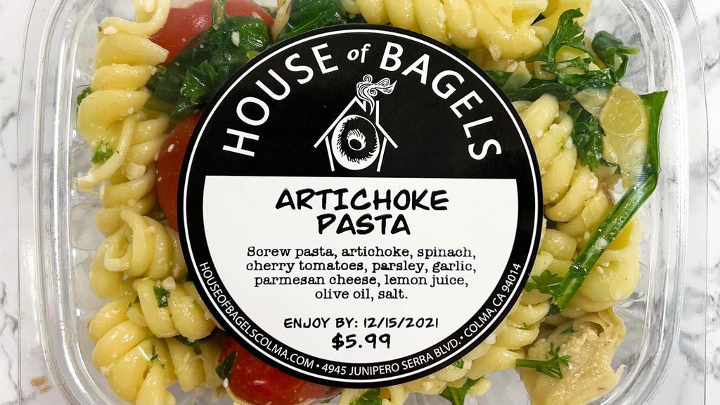 Artichoke Pasta Salad · 16 oz. screw pasta, artichoke, spinach, cherry tomatoes, parsley, parmesan cheese, garlic, olive oil, lemon juice, salt.