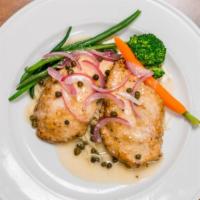 Picatta · Sautéed chicken breast filets, red onions, and capers in a picatta sauce served with angel h...