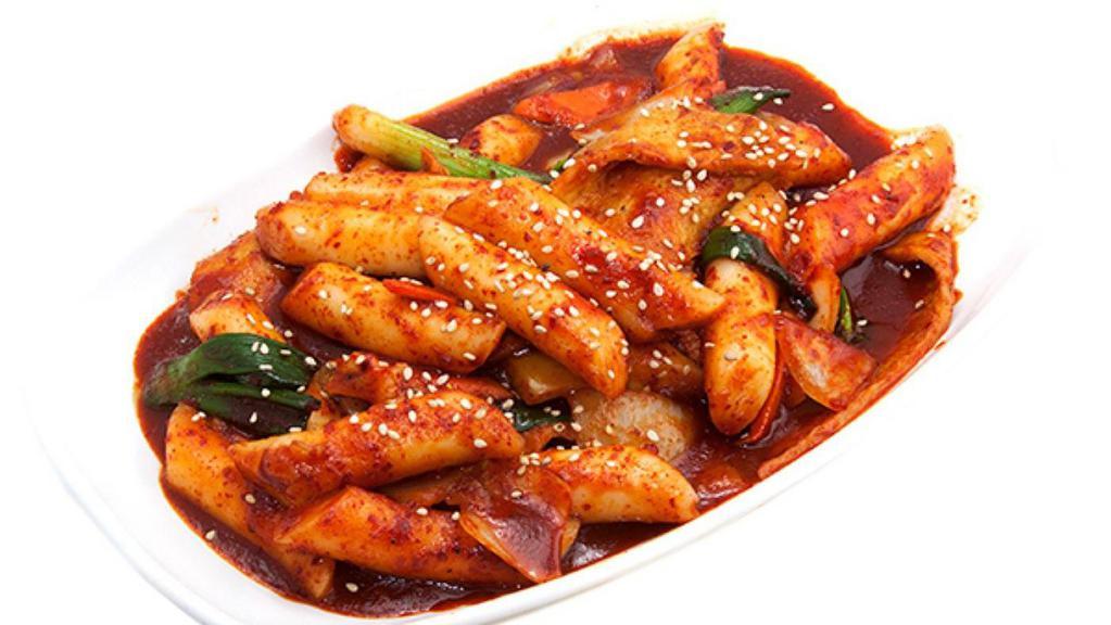 Ddukbokgi · Spicy. Rice cake made with fish cake and vegetables in spicy sauce.