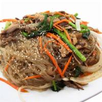 Japchae · Sweet potato noodles stir fried with vegetables and beef.