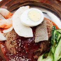 Bibim Nang Myun · Spicy. Cold noodles served in special spicy sauce topped with radish cucumber, boiled egg an...