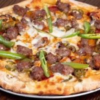 Naba’s Spicy Pizza · Himalayan secret spicy sauce, jalapeño, pepperoni, sausage, and white mushrooms.