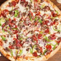 Combination Pizza · Halal beef salami, sliced beef pepperoni, beef sausage, white mushrooms, bell peppers and re...