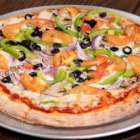 Vegetarian Pizza · White mushrooms, sliced ripe olives, onions, bell peppers and Roma tomatoes.