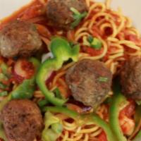 Spaghetti Meatballs · Ground beef meat with onion, garlic, green peppers and diced tomatoes in pasta sauce.