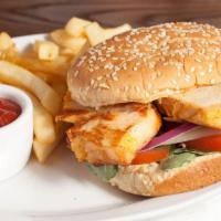 Chicken Burger with Fries · Served with grilled chicken breast,mayo, mustard,  romaine lettuce, fresh tomatoes, onions, ...