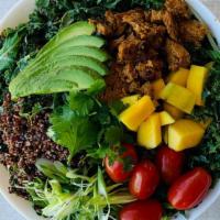 Bosch Salad · Spring mix with quinoa, veggie salami, green onion, tomato, avocado, mango, and cilantro, dr...