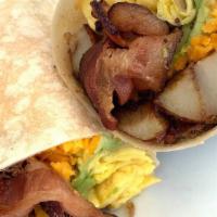 Bacon ＆ Cheddar Breakfast Burrito · A nice number with onion marmalade, 2 eggs, bacon, melty cheddar, home fries, and avocado.
