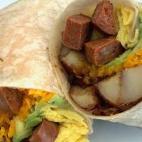 Chicken Sausage Breakfast Burrito · A nice number with onion marmalade, 2 eggs, chicken sausage, melty cheddar, home fries, and ...