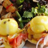 The Tate Poached Eggs · Two poached eggs with smoked salmon, goat cheese, red onions and capers on English muffins, ...