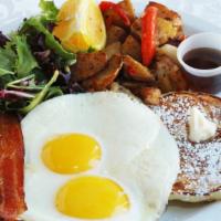French Hooker Breakfast · One French Toast, 2 eggs your choice, home-fried potatoes, and 2 strips of bacon.