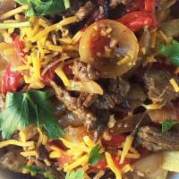 Philly Cheesesteak Frjtz · Philly cheesesteak frjtz loaded fries with grilled steak, melty cheddar cheese, grilled onio...