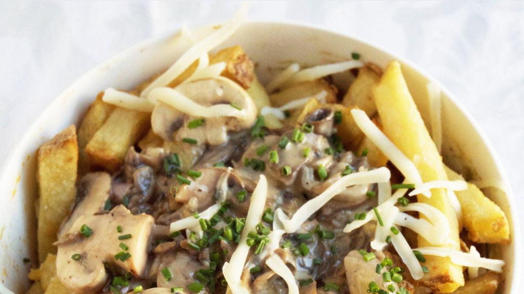 Creamy Mushrooms ＆ Swiss Frjtz · In a creamy and mushroom, Swiss and parmesan cheese sauce seasoned perfectly.