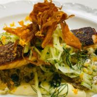 Wild Salmon* · roasted fennel, carrot purèe, shaved fennel & apple salad