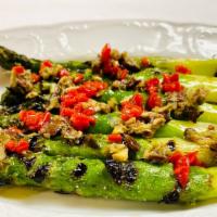 Grilled Asparagus · artichoke & green olive tapenade
