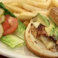 California Chicken Burger · A combination of jack cheese, avocado, bacon, tomato, pickles.