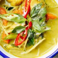 Green Curry (แกงเขียว) · Gluten-free. Vegan.Vegetarian. Spicy. Thai eggplant, basil, bamboo shoot ,red bell pepper, a...
