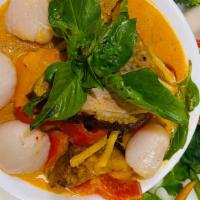Lychee  Curry (แกงลิ้นจี่) · Gluten-Free. Choice of protein, Thai eggplant,  Red bell, lychee, Thai basil, bamboo shoots,...