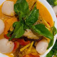 Lychee Duck Curry (แกงเป็ดลิ้นจี่) · Gluten-Free. Roasted duck, Thai eggplant,  Red bell, lychee, Thai basil, bamboo shoots,  car...