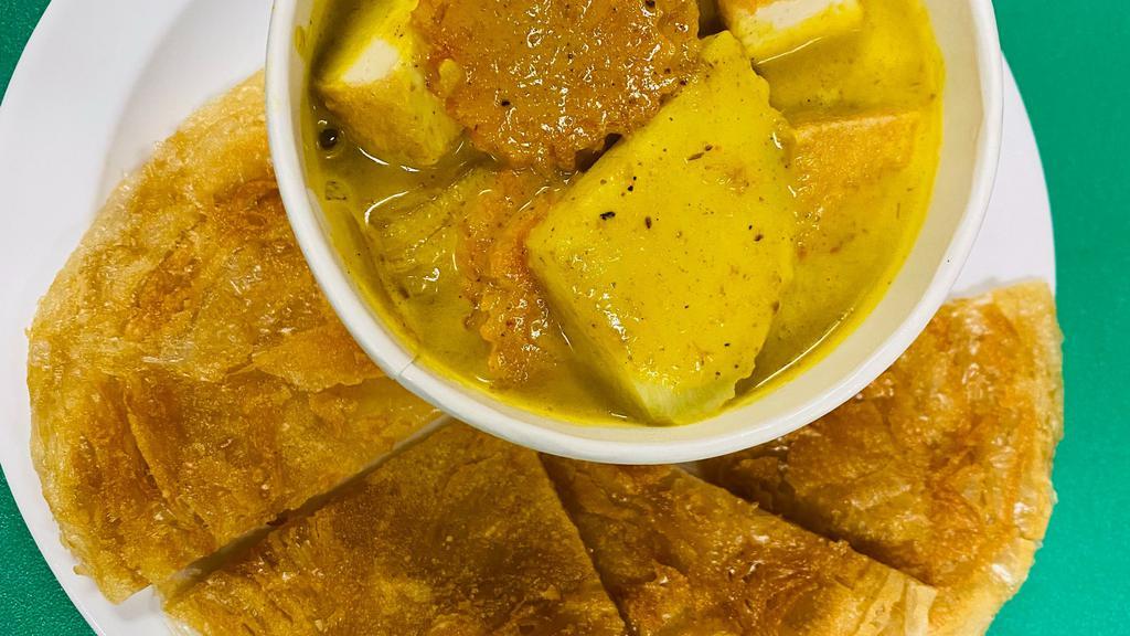 Curry with Roti · Thai pancake with curry : choice of Yellow, Red, Green curry with choice of protein served with plain roti.
