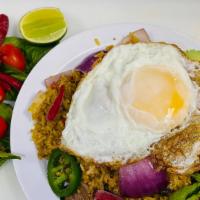 Basil Chili Fried Rice  with fried egg (ข้าวผัดกระเพรา) · Gluten-free. Vegan-friendly. Spicy. Jasmine fried rice, free-range egg,  jalapeños, red onio...