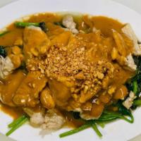 Peaceful peanut Praram (พระราม) · Sautéed with peanut sauce choice of protein and served on a bed of spinach