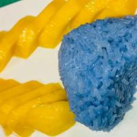 Blue butterfly sticky rice mango · Gluten-free. Vegan.