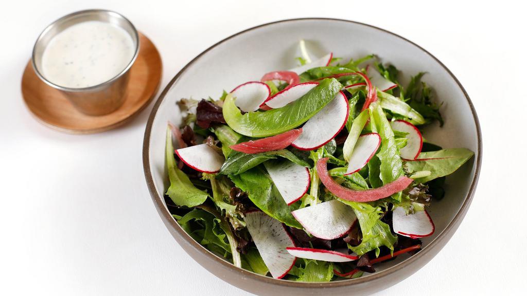Green Salad · Scarborough mixed greens, red onions, red radishes, and choice of dressing.