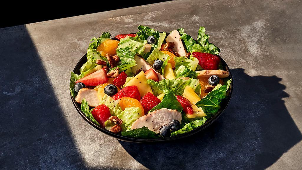 Kids Strawberry Poppyseed Salad With Chicken · 170 Cal. Chicken raised without antibiotics, romaine, mandarin oranges and fresh strawberries, blueberries and pineapple tossed in poppyseed dressing and topped with toasted pecan pieces. Allergens: Contains Tree Nuts