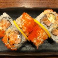 Spicy Golden Gate · Spicy salmon, shiso, cucumber and tobiko on the top.
