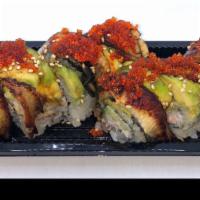 Dragon · Imitation crab with mayo and cucumber with bbq eel, avocado, and tobiko on top.