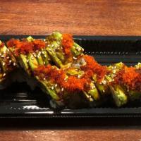 Caterpillar · Bbq eel and cucumber with avocado and tobiko on top.