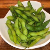 Edamame · Boiled soy beans, lightly salted.