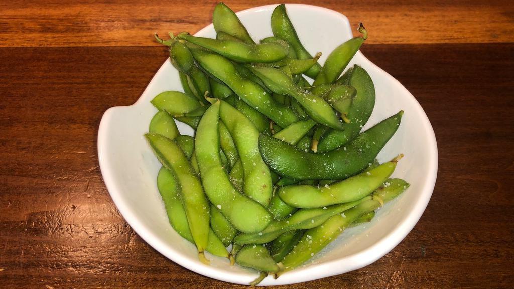 Edamame · Boiled soy beans, lightly salted.