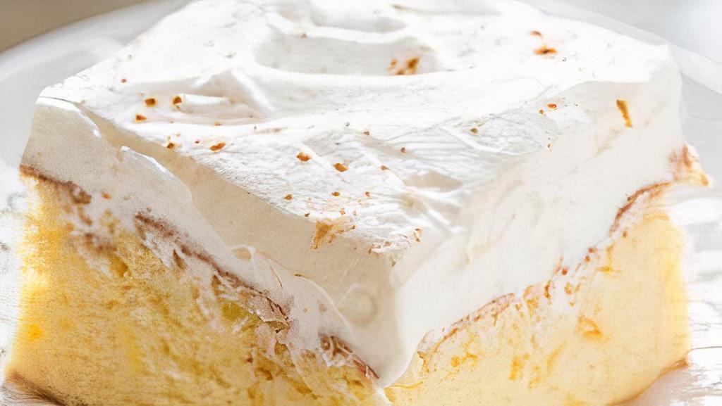 Tres Leches · A soft and ultra-moist crumb soaked with a 3 milk mixture and topped with a lightly sweetened whipped cream.