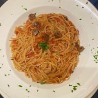 Angel Hair Pomodoro · Sautéed fresh tomatoes, basil, garlic, and black olives in olive oil and tomato herb sauce, ...