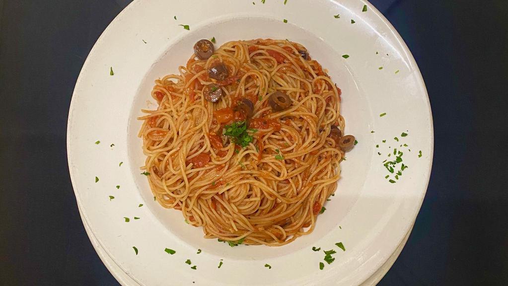 Angel Hair Pomodoro · Sautéed fresh tomatoes, basil, garlic, and black olives in olive oil and tomato herb sauce, tossed with delicate angel hair pasta.