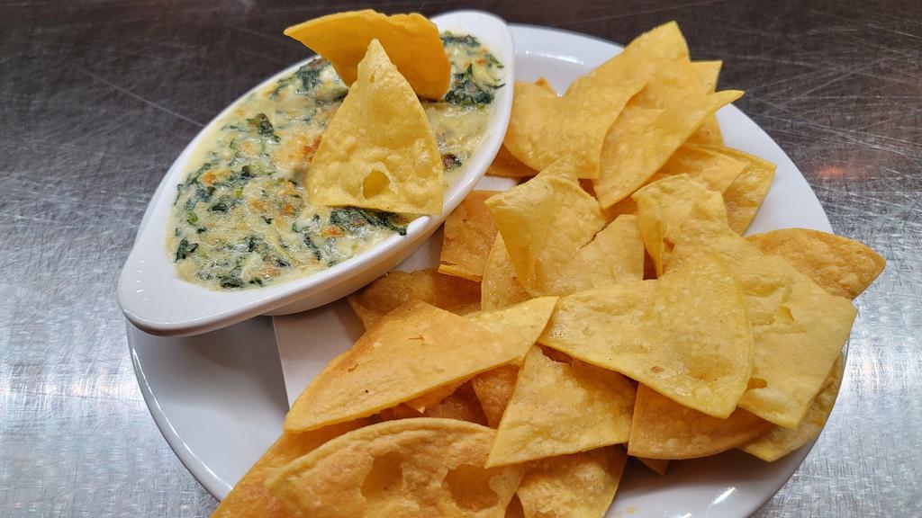 Spinach Artichoke Dip · Creamy parmesan and pepper jack béchamel sauce, gratinated. golden brown with panko bread crumbs. Served w/ chips.