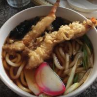 Shrimp Tempura Udon · Hot soup noodle with shrimp tempura, fish cakes and seaweed.