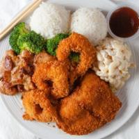 Seafood Mix · Fish, crispy shrimp & BBQ chicken.
