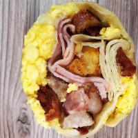 Meat Eater Breakfast Burrito · Bacon, ham, sausage with tots, scrambled eggs, and cheese.