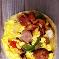 Meat & Veggie Combo Breakfast Burrito · Your choice of two meats with grilled onions, bell peppers, and mushrooms, tots, scrambled e...