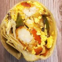 Loaded Veggie Breakfast Burrito · Grilled onions, mushrooms, and peppers with tots, scrambled eggs, and cheese.