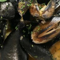 Steamed Mussels · Large Portion. Rouille, crème fraiche, fines herbes, grilled bread.