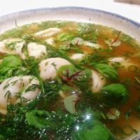 Chicken Dumpling Soup (Pelmeni) · 16oz of Mouthwatering Chicken Broth with chicken Dumplings and Vegetables
